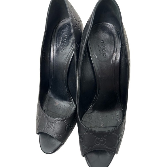 Gucci Size 9/39 Guccissima Black Leather Logo Open Toe Pumps - Picture 3 of 8